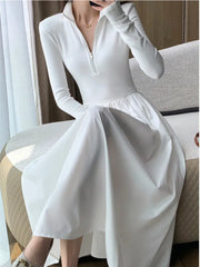 LBSFY -Vintage Elegant Solid Knitted Midi Dresses Women Korean Casual Long Sleeve Slim A-Line Black Birthday Party Robe Autumn Clothing