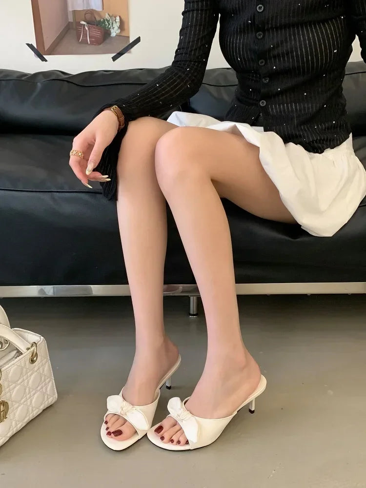 LBSFY -Satins Butterfly-knot Open Toe Women Slippers Fashion Thin Heels Sandals Summer Casual Party Dress Slide Shoes