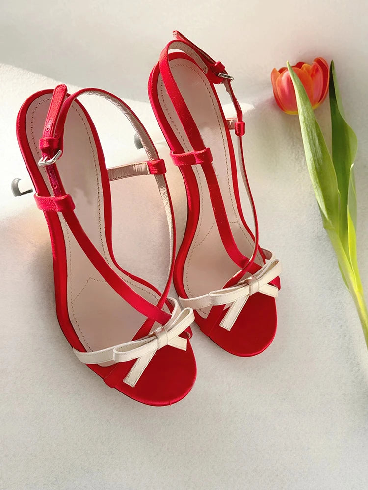 LBSFY  -  Open Toe Bow Sandals Cross Straps Satin Stiletto Heels Hollow Summer Sweet Dress Party Sandal Casual Daily Shoes Mixed Color