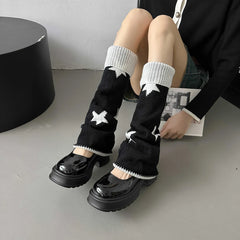 Lbsfy Y2k Star Pattern Knitted Leg Warmers Gothic Loose Leg Cover Sock Girls Winter Casual Leg Protector Stocking JK Thigh High Socks