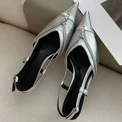 Lbsfy Pointed Toe Mules Pump Women Zip Design Slingbacks High Heels Female Footwear Fashion Summer Elegant Brand Shoes Women
