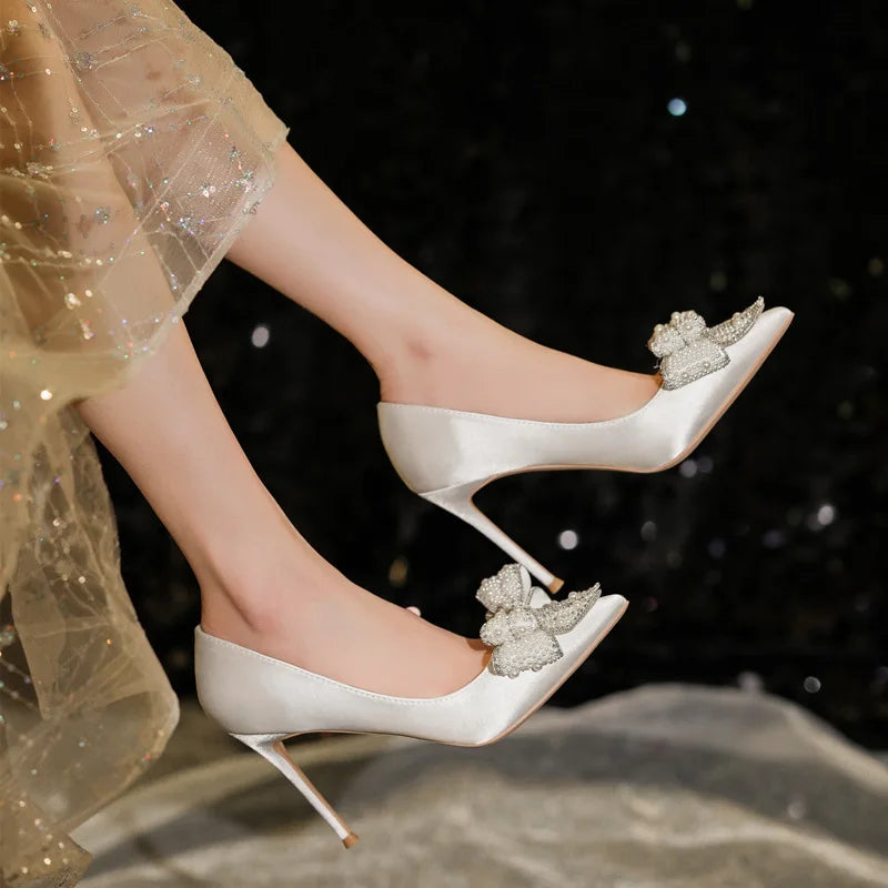 LBSFY  -  32-43 White Wedding Shoes Women Thin Heel Pointed Satin Pearls Bow Bridesmaid High Heels Dress Shoes