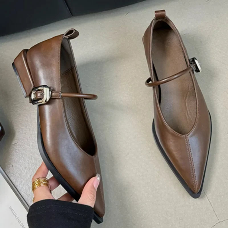 LBSFY -Pointed Toe Women Shoes Buckle Strap Solid Color Retro Designer Brand Low Heel Shallow Female Shoes Leather Concise Casual Shoes