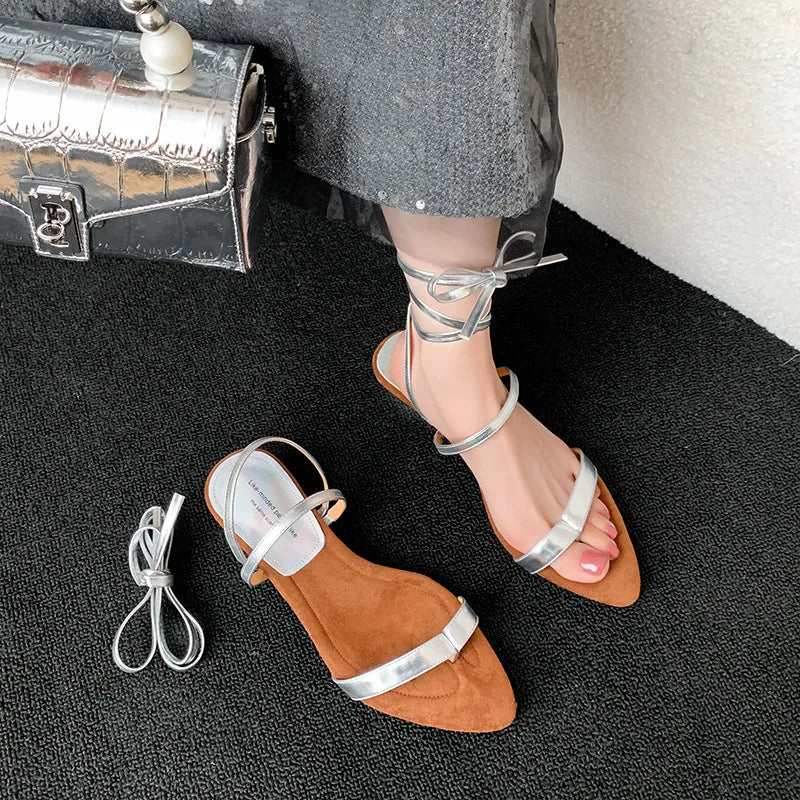 LBSFY  -  Fashion Sandals Women's New High Quality Genuine Leather Sandals Pointed Strap Roman Style Low Heel Open Sandals