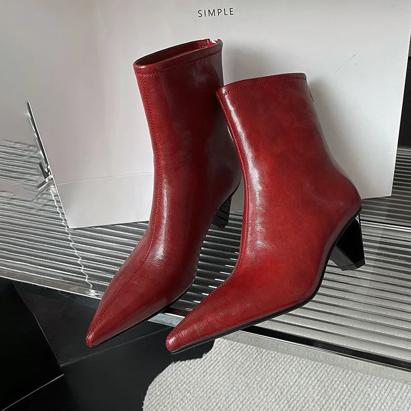 LBSFY  -  Fashion Short Boots Women's New High Quality Genuine Leather Pointed Head Cone Heel Boots Commuter Calf Ankle Boots