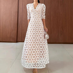 LBSFY  -  2025 Fashion Hight Waist Slim Party Dress Elegant V-neck Half Sleeve Solid Long Dress Women Sexy Embroidery Hollow Evening Dress