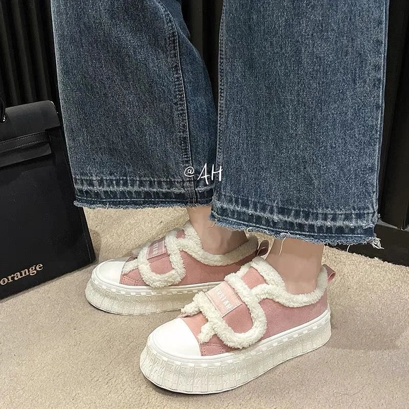 LBSFY  -  Winter Women Breathable Warm Sneakers White Wool Shoes Thick Heel Plaid Sneakers Casual Running Platform Y2K Lolita Shell Shoes