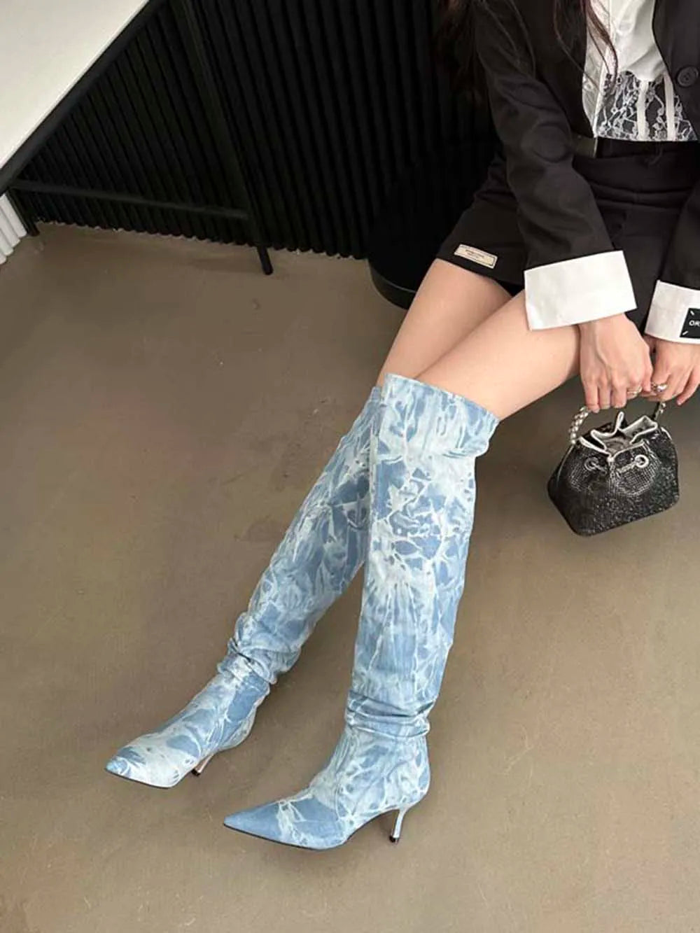 LBSFY  -  Sexy Women Over The Knee Boots Chelsea Booties Pointed Toe Blue Black White Denim Cloth Winter Dress Shoes Slip On Autumn Boots