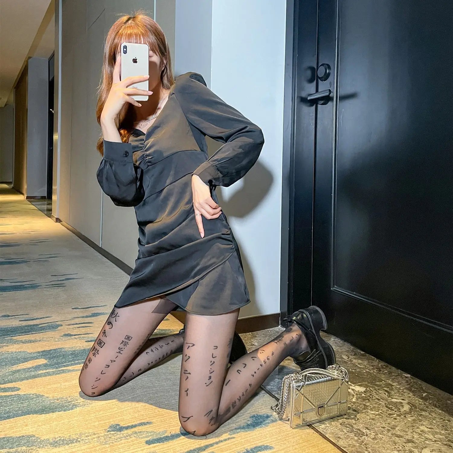 Lbsfy Women Japanese Letter Stockings Nightclub Party Accessories JK Sexy Diamonds Fishnet Underwear Pantyhose Printed Designer Tights