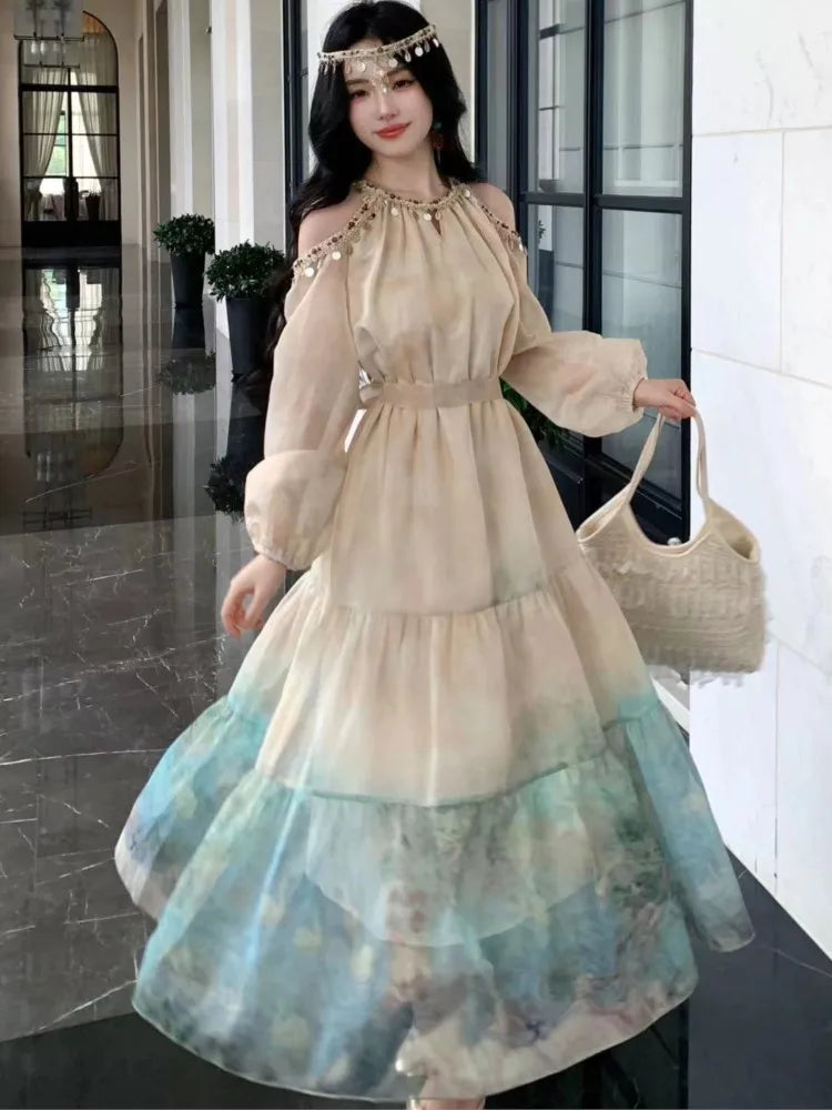 LBSFY -Autumn Printed Midi Dress for Women Vintage Off Shoulder Halter Long Sleeve Loose A-Line Casual Dresses Female Vestidos Mujer