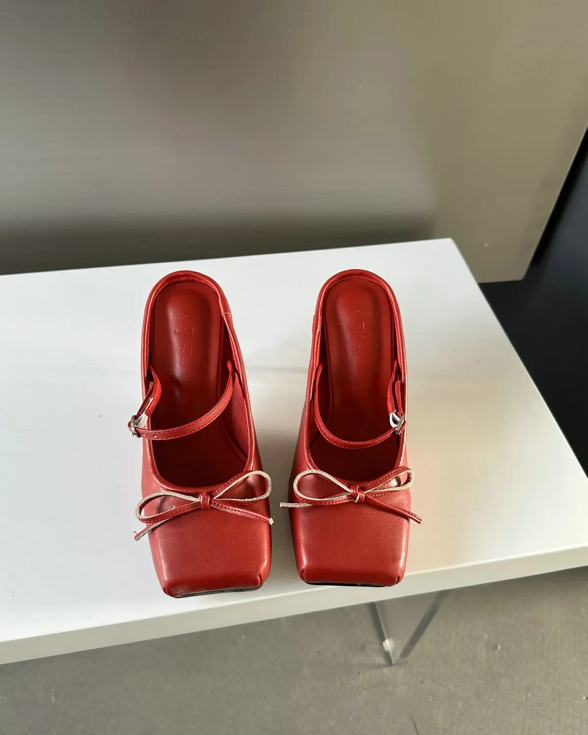 LBSFY  -   Women Mule High Heel Shoes Red Pu Leather Silppers Bow Summer Fashion Pumps Mule