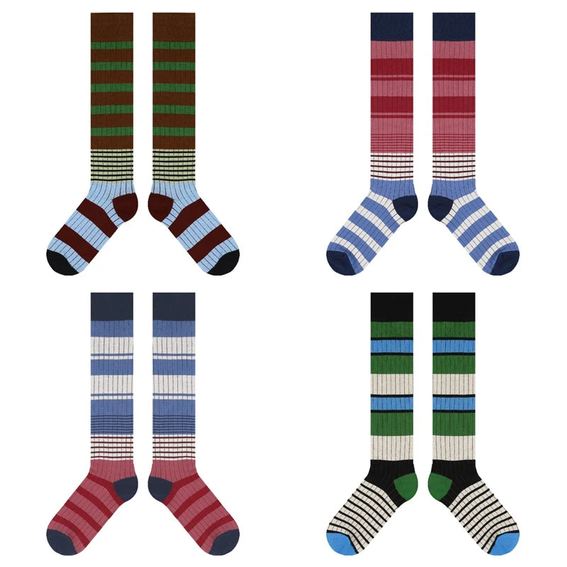 Lbsfy Women Winter Knee-high Stockings Fashion Colorful Stripes Long Sock Female Sports Cotton Stocking Japanese Student Socks Woman