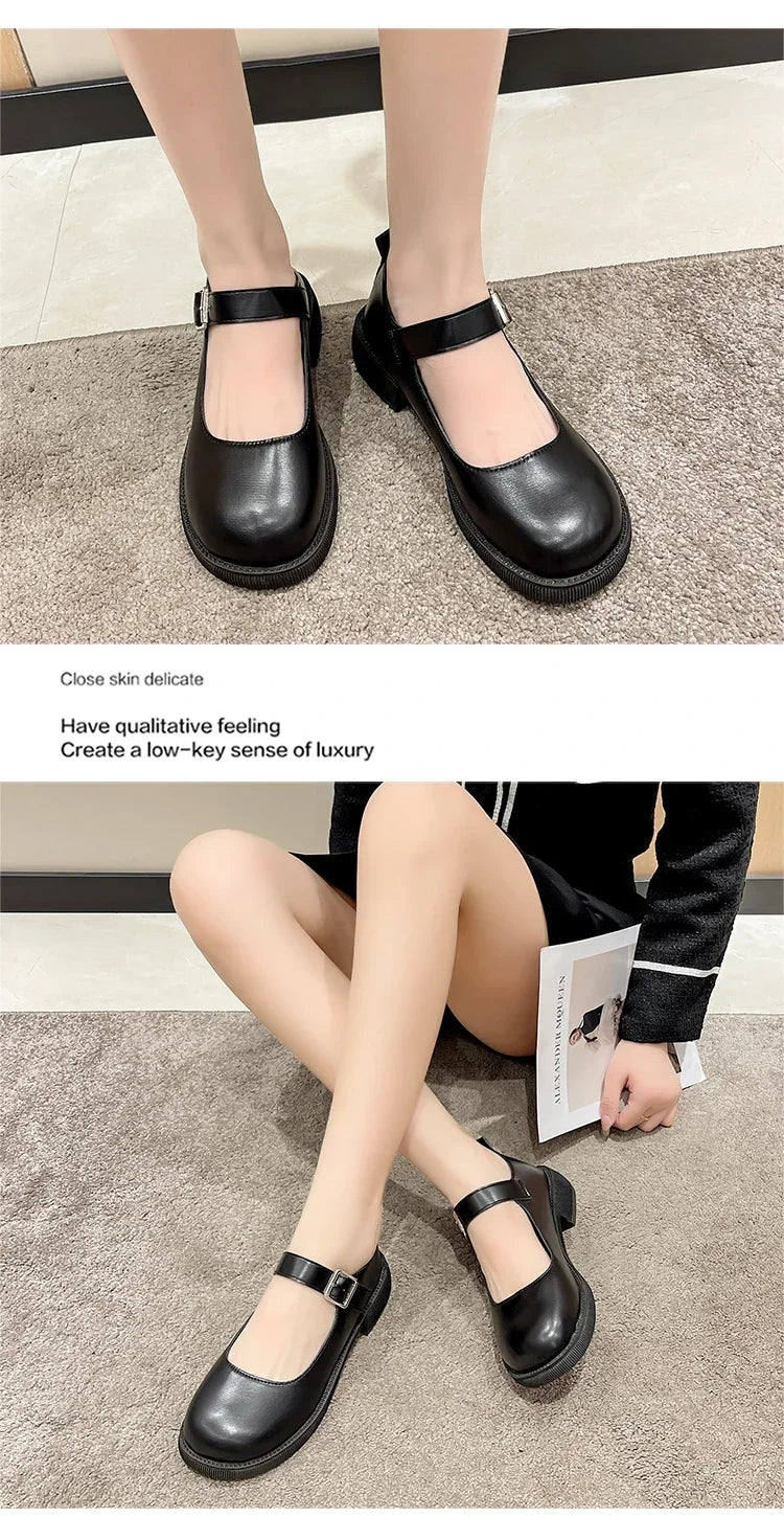 LBSFY -Women's Spring/Summer/Autumn New British Academy Style Low Heel Round Toe Mary Jane Single Shoes with Small Leather Shoes
