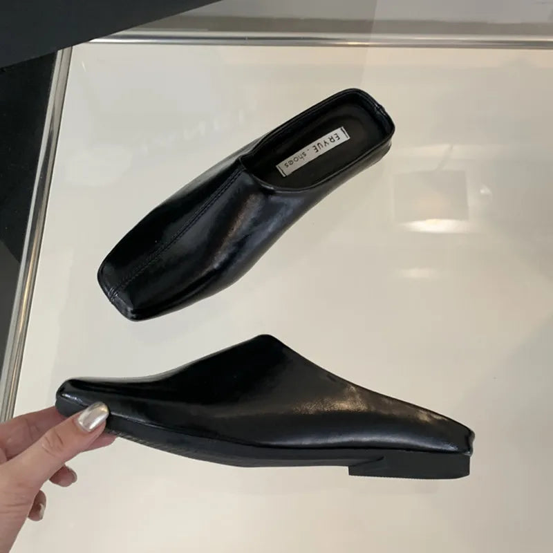 LBSFY - Autumn Women Flat Slipper Ladies Square Toe Slip On Ladies Casual Mules Shoes Flat Heel Outdoor Dress Sandal Shoes