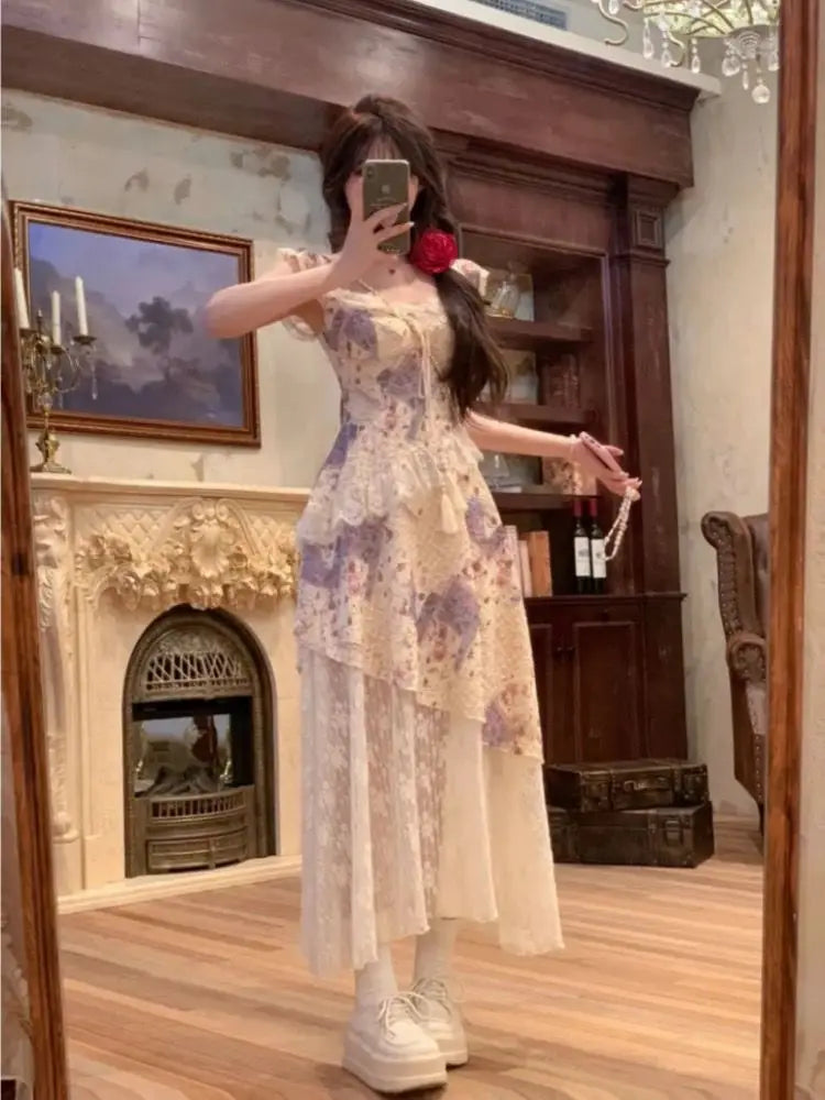 LBSFY -Chic Elegant Print Patchwork Women's Dresses Summer Ruffles Mesh Square-Collar Lace Up Flying Sleeves Dress Holiday Casual New