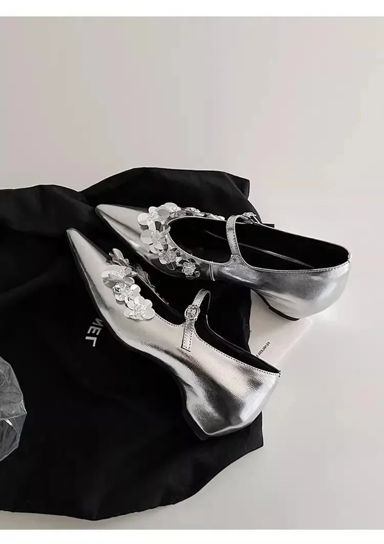 LBSFY -2025 New Style Japanese Bright Sequin Flower Embellished Mary Jane Women's Shoes French Style Increased Height Pointed Toe Singl