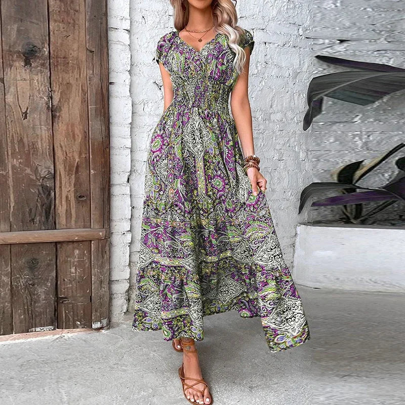 LBSFY  -  Women Vintage Print Long Dress  Summer Sexy V Neck Short Sleeve A-line Dress Female Elegant Elastic Waist Maxi Dresess Robe