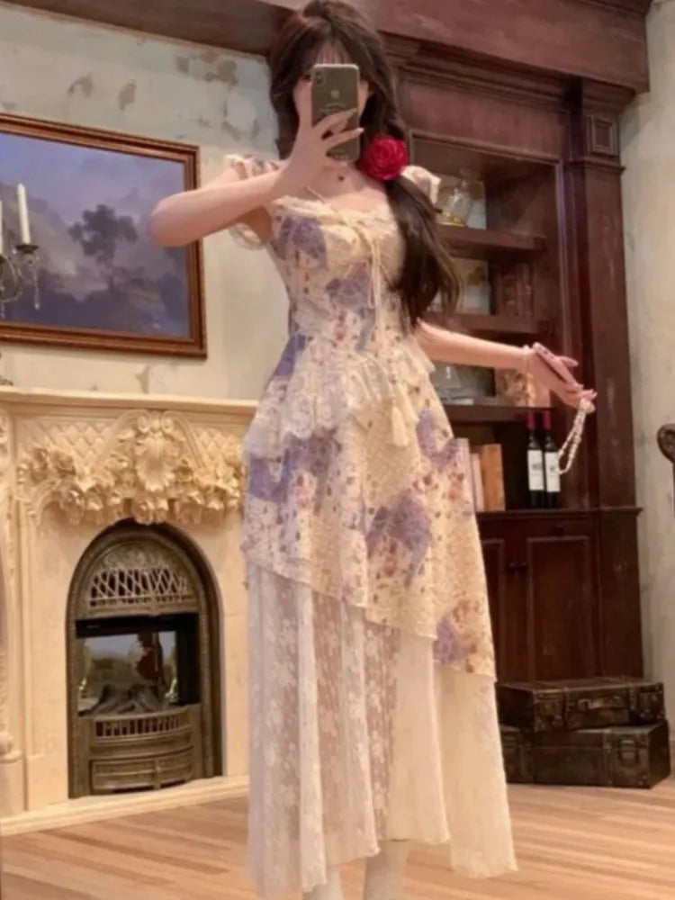 LBSFY -Chic Elegant Print Patchwork Women's Dresses Summer Ruffles Mesh Square-Collar Lace Up Flying Sleeves Dress Holiday Casual New