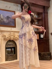 LBSFY -Chic Elegant Print Patchwork Women's Dresses Summer Ruffles Mesh Square-Collar Lace Up Flying Sleeves Dress Holiday Casual New