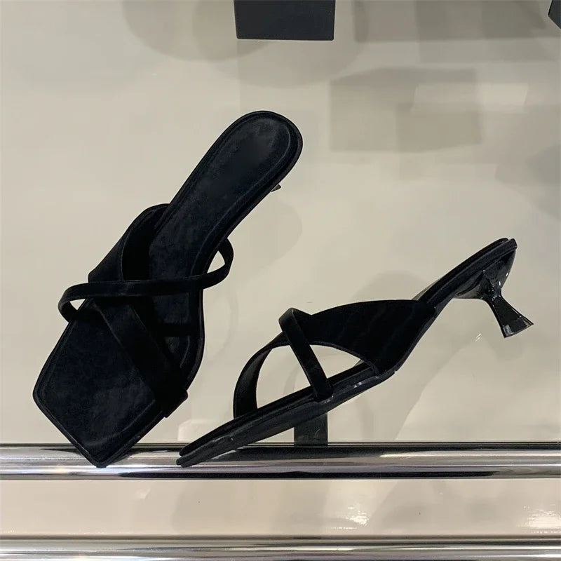 LBSFY -Summer Fashion Narrow Band Square Toe Slippers Women Low Heels Beach Sandals Slide Party Shoes Zapatos De Mujer
