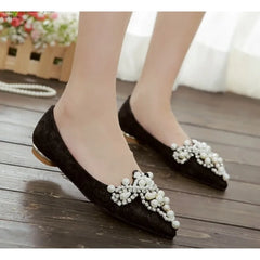 LBSFY -New Crown Pearl Soft Flats Wedding Shoes Pointed Toe Women Dress Moccasins Low Pearl Heel Ladies Fashion Luxury Plus Size 43