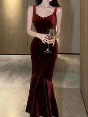 LBSFY -Vintage Elegant Wine Red Long Mermaid Dresses Fashion Women's V-Neck Solid Slim Waist Evening Party Sling Robe New 2025 Summer
