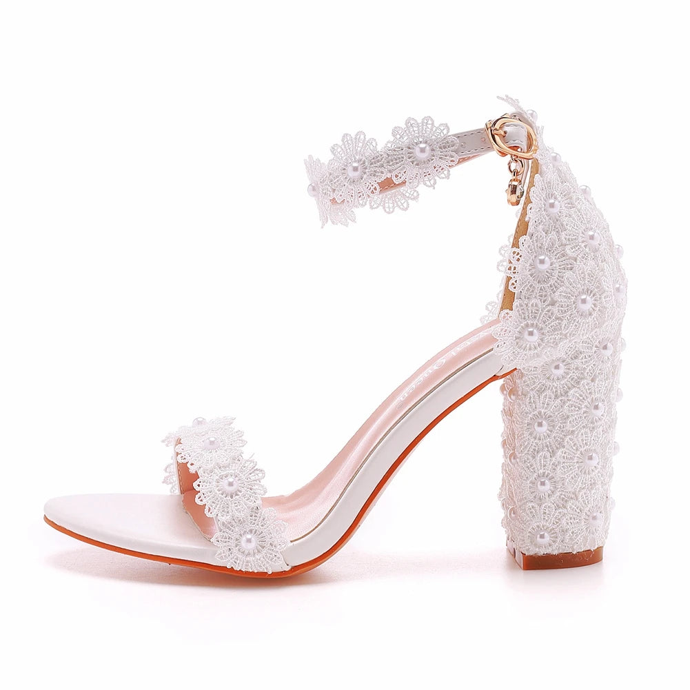 LBSFY  -  Wedding Shoes Bride Elegant White Lace Flower Pearl Design 9CM High Heels Female Pumps Summer Women Sandals