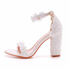 LBSFY  -  Wedding Shoes Bride Elegant White Lace Flower Pearl Design 9CM High Heels Female Pumps Summer Women Sandals