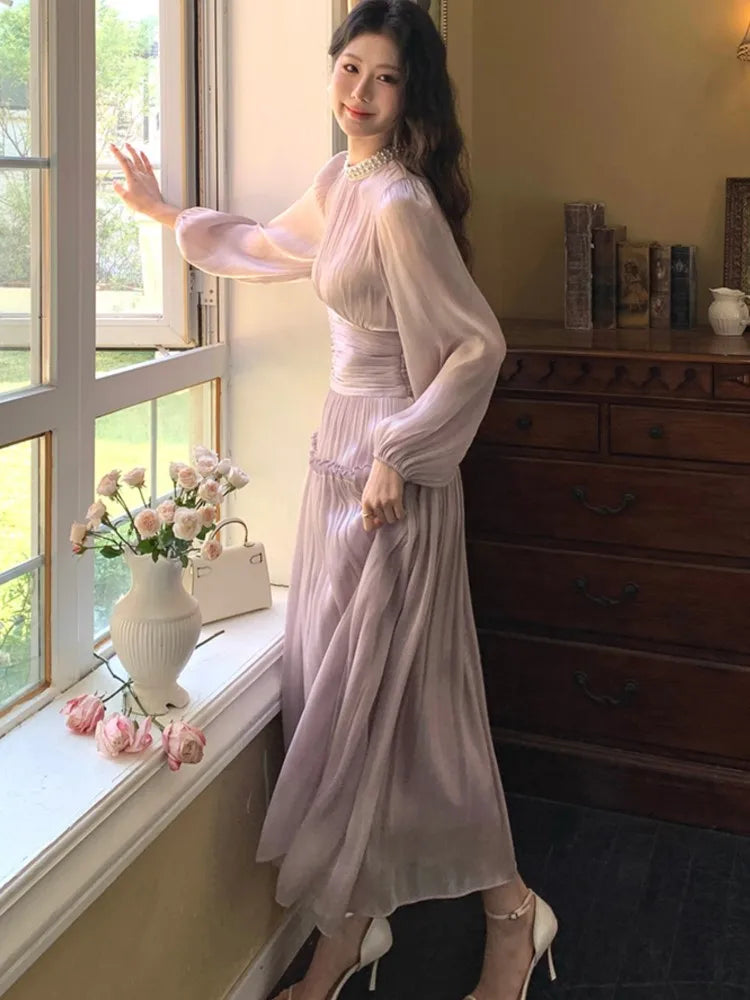 LBSFY -2025 New Elegant Chic French Pleated Solid Dress Puff Sleeves Slim Waist Midi Women's Dresses Party Prom Female Clothes Mujer