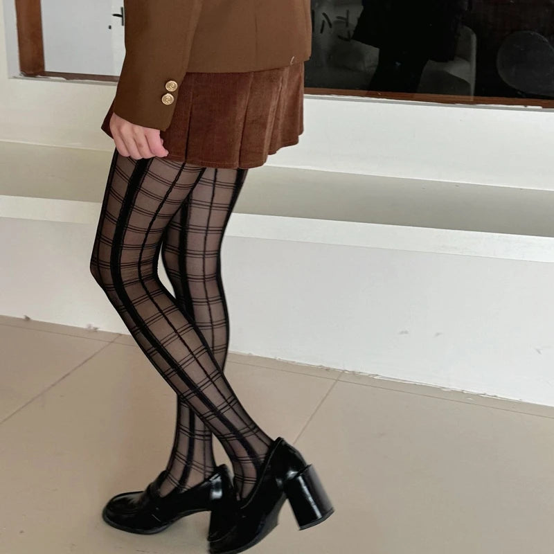 Lbsfy Black Plaid Pattern Stretchy Tights JK Ultra-thin Pantyhose Women's Stockings Ladies Party Club Slimming Socks Underwear