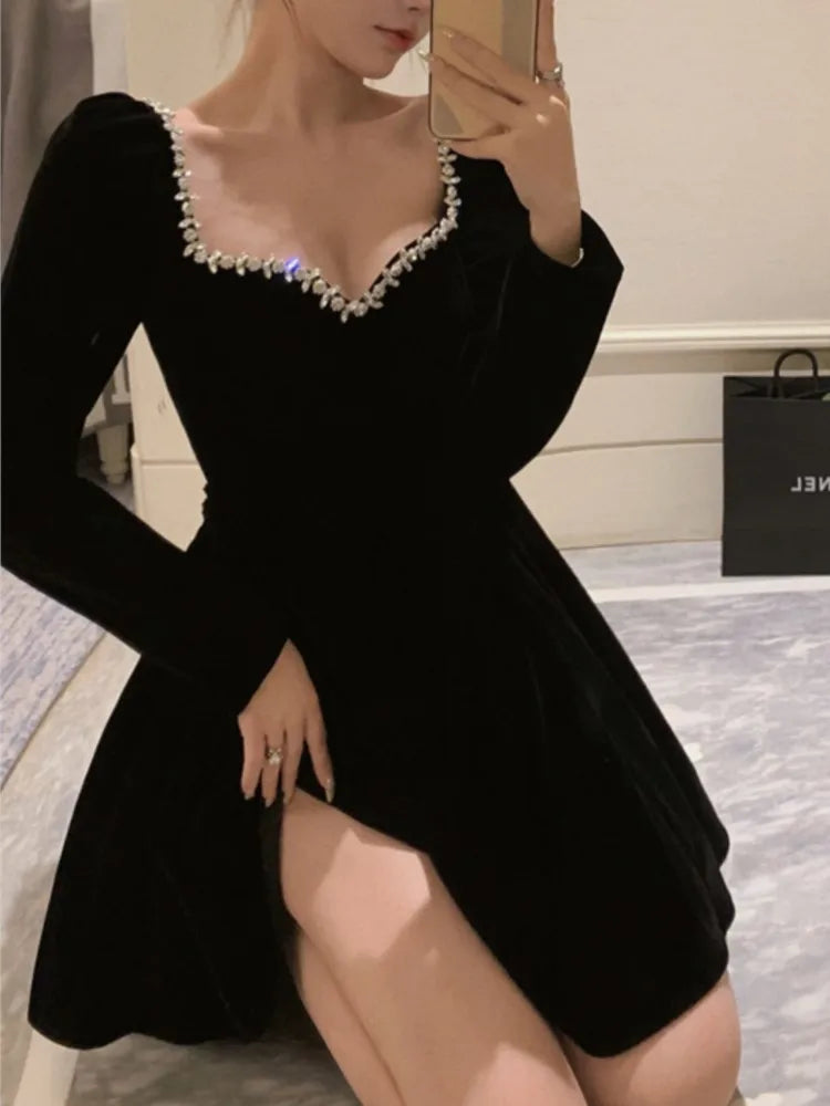 LBSFY -French Velvet Party Dress for Women Elegant Long Sleeve A-Line Vestidos Robe Female One Piece Mini Birthday Evening Dresses New