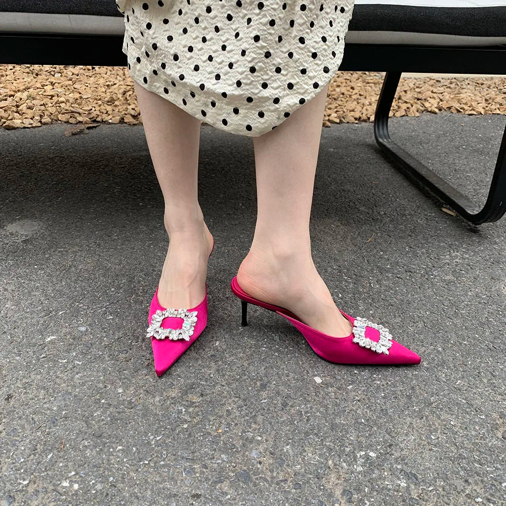 LBSFY  -  Silk Women Slides Slippers Thin High Heels Pointed Toe Summer Outside Mules Shoes Rhinestone Crystal Buckle Slip On Fashion Pump