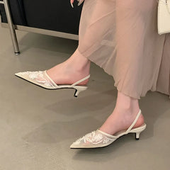 LBSFY  -Silk Sequin Rhinestone Decoration High Heels Muller Single Shoes Pointed Fine Heels Slippers Dress Banquet Female