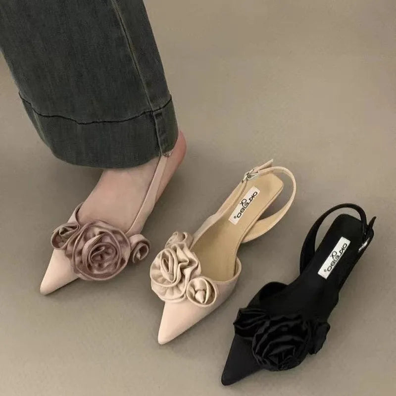 LBSFY -New Brand Women Sandal Fashion Flower Ladies Elegant Dress Slingback Shoes Thin Low Heel Dress Mules Pumps