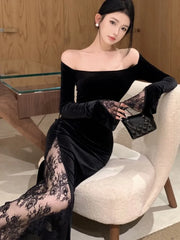 LBSFY -Women's Sexy Black Velvet Dress Elegant Chic Off Shoulder Lace Split Evening Party Dresses Autumn Female Bodycon Vestidos Mujer