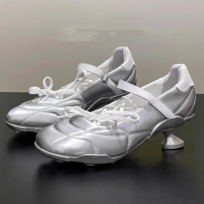 Lbsfy  High Heel Ballet Shoes Women Round Toe Cross Lace Up Strange Shoes Sporty Style Low Heel Mary Jane Shoes Women Pumps