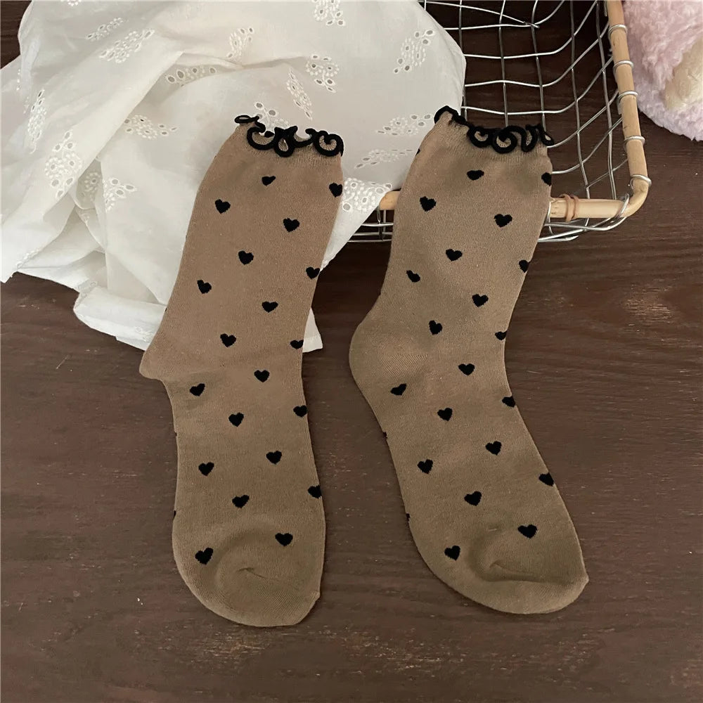 Lbsfy New Women Socks Cotton Ruffle Love Print Socks Middle Tube Autumn Spring Winter Sweet Style Socks Japanese Girls Socks