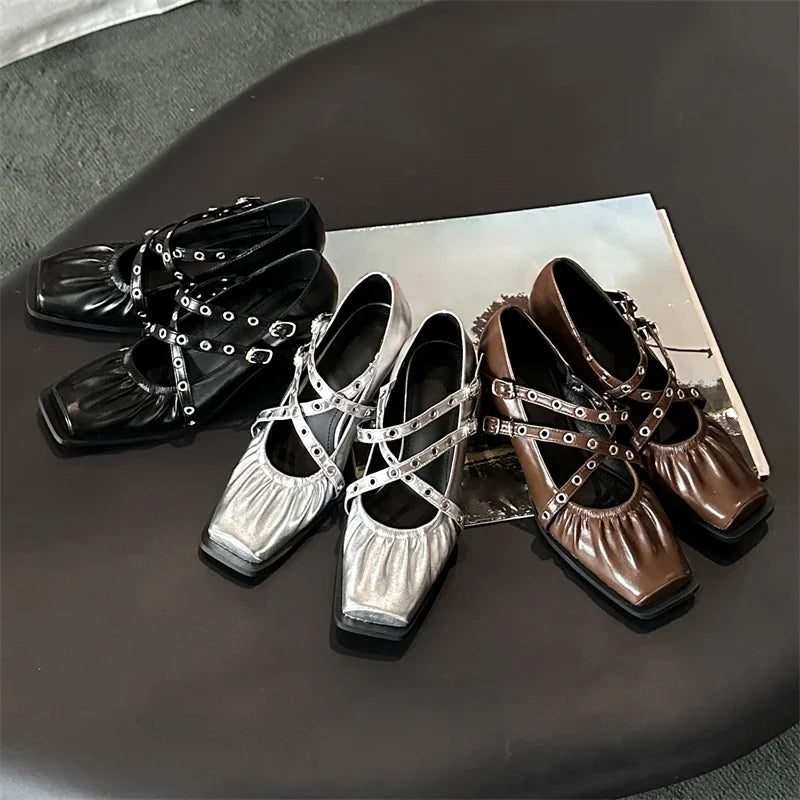 LBSFY  -  2025 New Design Pleated Narrow Band Buckle Strap Women Pumps Fashion Square Low Heels Party Dress Ladies Shoes