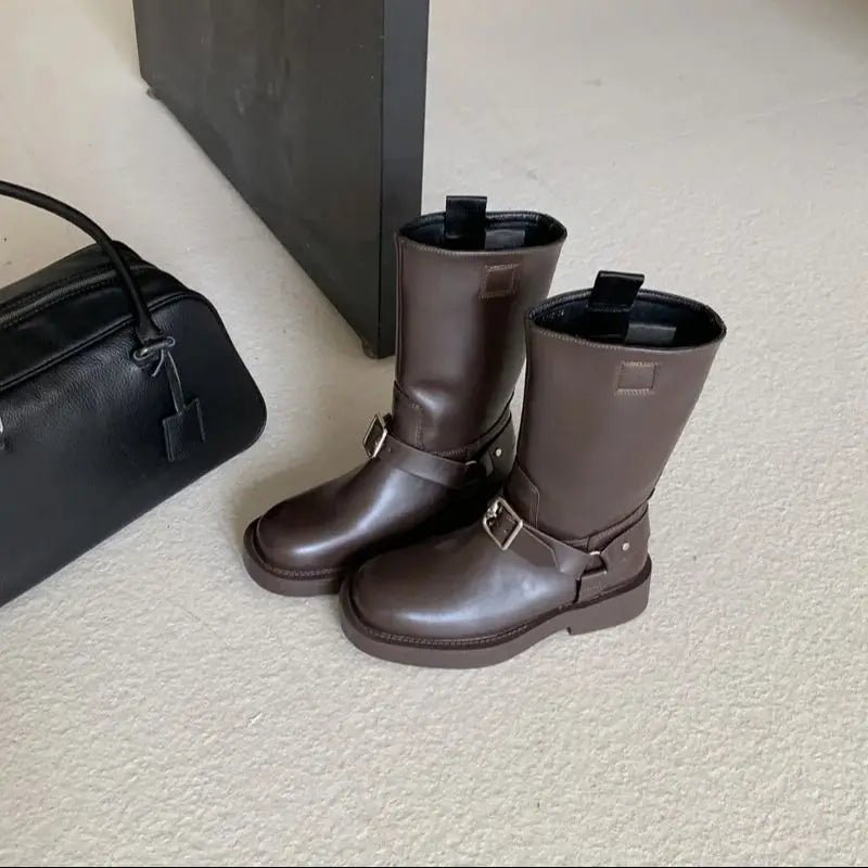 LBSFY  -   Mid Calf Boots Women Round Toe Black Pu Leather Buckle Block Heel Biker Shoes Wide Calf