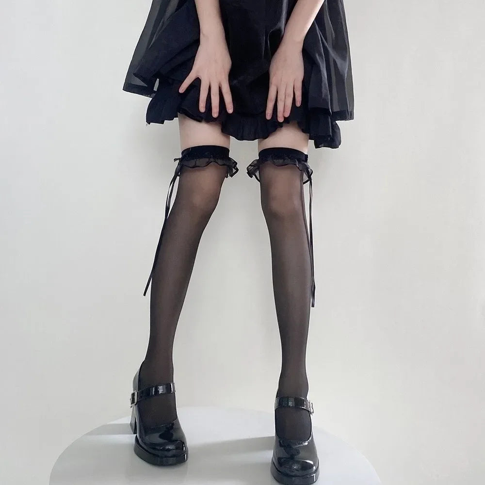 Lbsfy Sweet Bowknot Lace Stockings Women Thigh Knee Socks Black Thin Legging Lolita Thigh High Fishnet Stocking Gothic Punk Long Socks