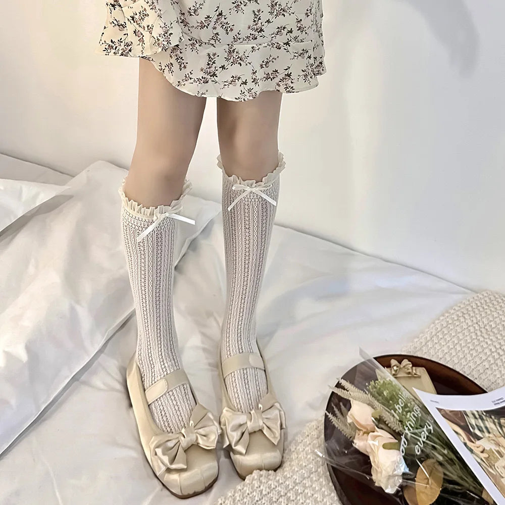Lbsfy Socks Woman Summer Solid Color Thin Lace Hollow Out Girls Sweet Socks Cute Japanese Short Mid-calf Socks