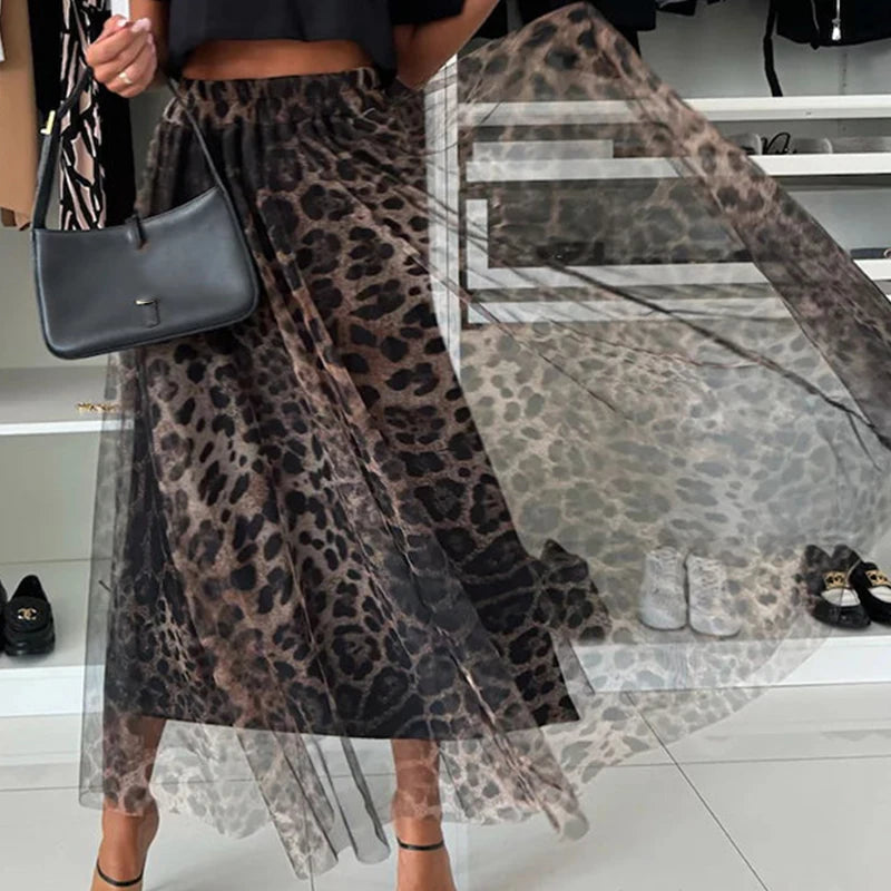 LBSFY  -  Women's Fashion Club Party Slim Half Skirts New Autumn Leopard Print Pleated Skirts Elegant Elastic High Waist Mesh Long Skirt