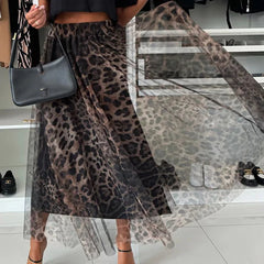 LBSFY  -  Women's Fashion Club Party Slim Half Skirts New Autumn Leopard Print Pleated Skirts Elegant Elastic High Waist Mesh Long Skirt