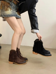 LBSFY  -  Fashion Women Ankle Boots Round Toe Suede Satin Black Brown Back Zipper Flat Low Heels Chelsea Booties Winter Party Short Botas