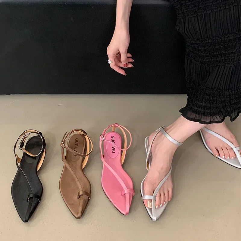 Lbsfy Footwear Women Summer 2025 Pointed Toe Flip Flops Female Ankle Strap Elegant Low Heel Concise Fashion Brand Roman Sandals Ladies