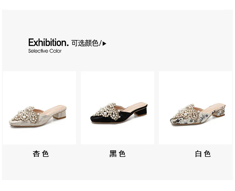 LBSFY -Pearl Half Slippers Women Shoe Autumn Rhinestone Chunky Mid Heel Slipper Sandals Fashion Muller Casual Versatile Single Shoes