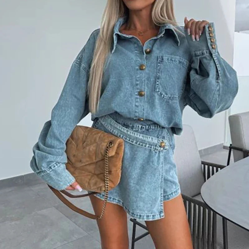 LBSFY  -  2025 Women Elegant Denim Solid 2Pc Outfits Casual Long Sleeves Irregular Slim Sets Fashion Lapel Button Coat & Mini Pants Suits