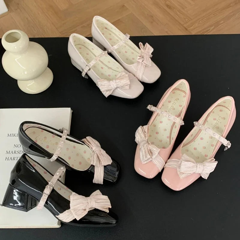 Lbsfy Butterfly-knot Sweet Mary Jane Shoes Women Elegant Chunky Dress Shoes Shallow Designer Pumps Buckle Square Toe High Heels Ladies