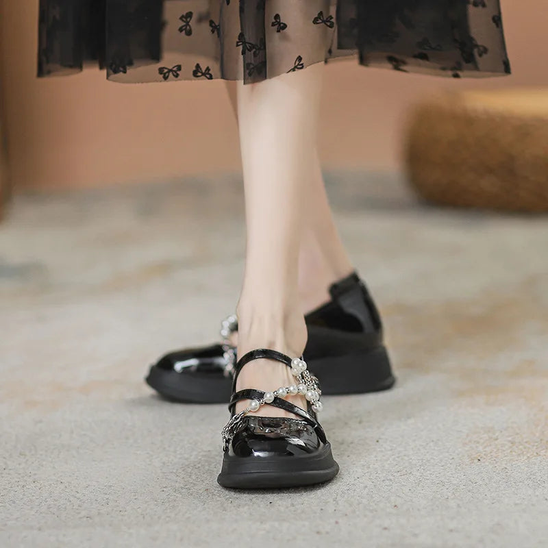 LBSFY  -  Size 33-39 Platform Mary Jane Women's Shoes 2024 Summer Patent Leather Pearls Chain Loafers Shoes