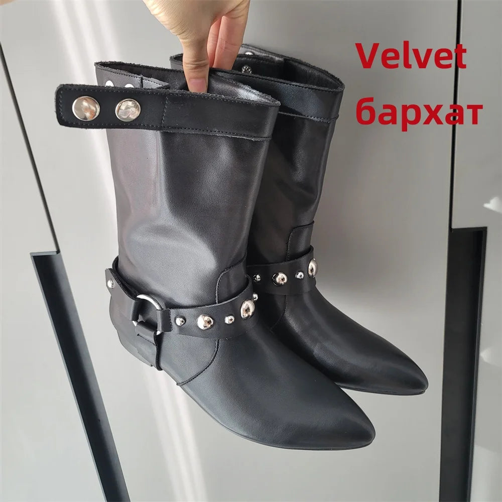 LBSFY  -  New Women Leather Ankle Boots Thick Low Heels Pointed Toe Western Cowboy Boots  Warm Autumn Winter Short Shoes Woman